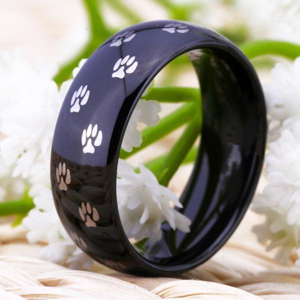 8mm Paw Print Black Wedding Bands