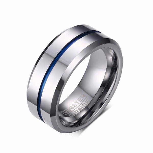 Tungsten Blue Line Carbide Wedding Band for Him