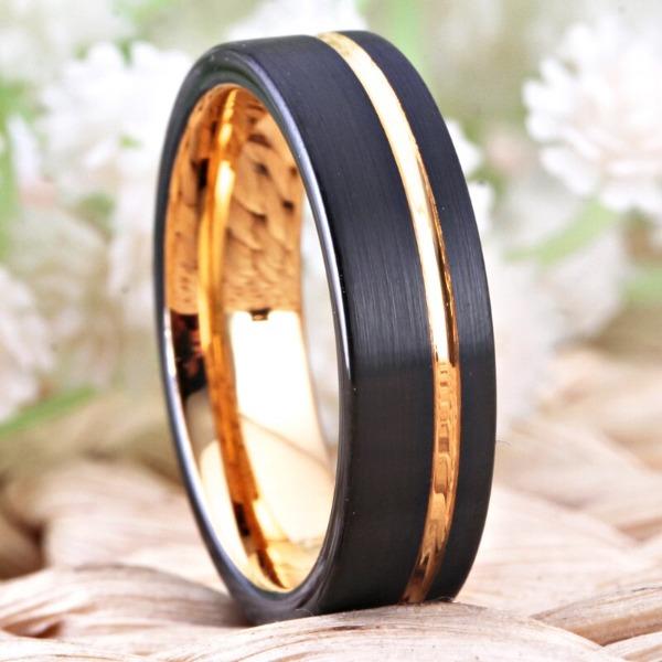 Tungsten Vintage Black and Rose Gold Wedding Bands